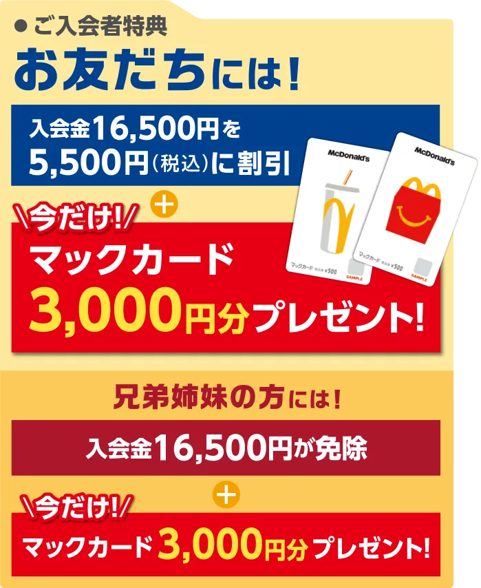 ご入会者特典 お友達には入会金16,500円を5,500円に割引+マックカード3,000円分プレゼント。弟姉妹の方には!入会金16,500円免除+マックカード3,000円分プレゼント。